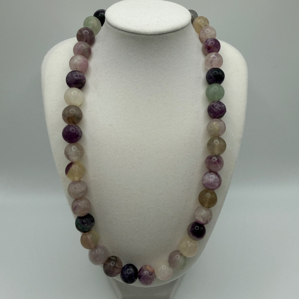 Natural Rainbow Fluorite Beaded Necklace Purple Green Round Stone‎ Gorgeous